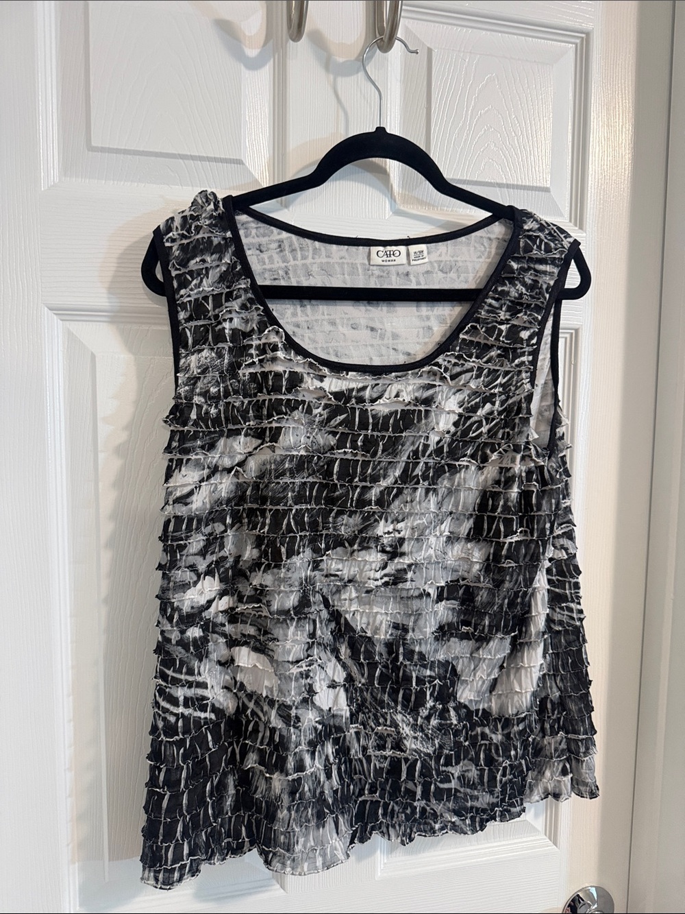 Cato Black & White Textured Ruffle Tank Top